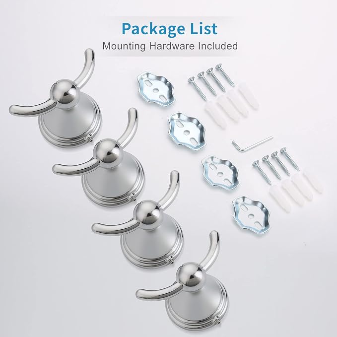 FILTA Bathroom Towel Hooks, Polished Chrome Robe & Towel Hooks for Wall Mounted, Traditional Towel and Robe Hooks for Hanging Towels, Bath Towel Holder for Shower(4 Pack)