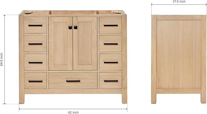 ARIEL Cambridge 42-inch Bathroom Vanity Base Cabinet,Solid Wood, 2 Soft Closing Doors, 9 Dovetail Drawers, White Oak