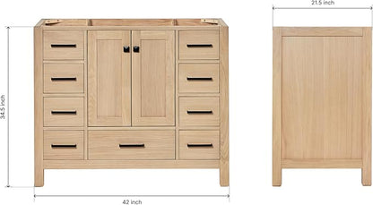 ARIEL Cambridge 42-inch Bathroom Vanity Base Cabinet,Solid Wood, 2 Soft Closing Doors, 9 Dovetail Drawers, White Oak