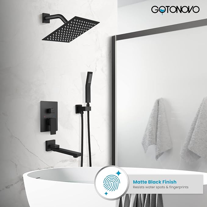 gotonovo Tub Shower Faucet Set with Valve Kit 8’’ Head,Matte Black | Shower System with Tub Spout,SUS304 Rain Head with Handheld Sprayer,Swivel Spout,All Metal,Rough-In Valve Trim Kit,Wall Mount