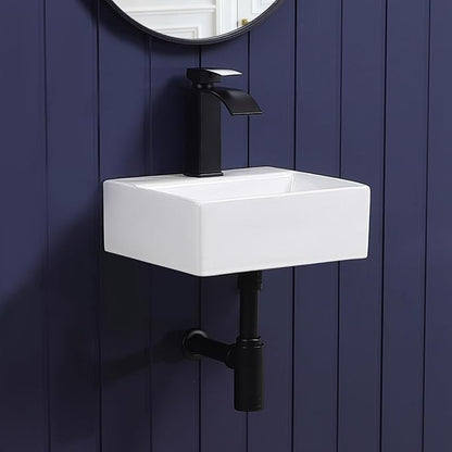 Small Wall Mount Bathroom Vessel Sink 13"x12" Rectangular Floating White Porcelain Ceramic Wall Hung Vanity Basin Sink for Tiny Home,RV,Bathroom