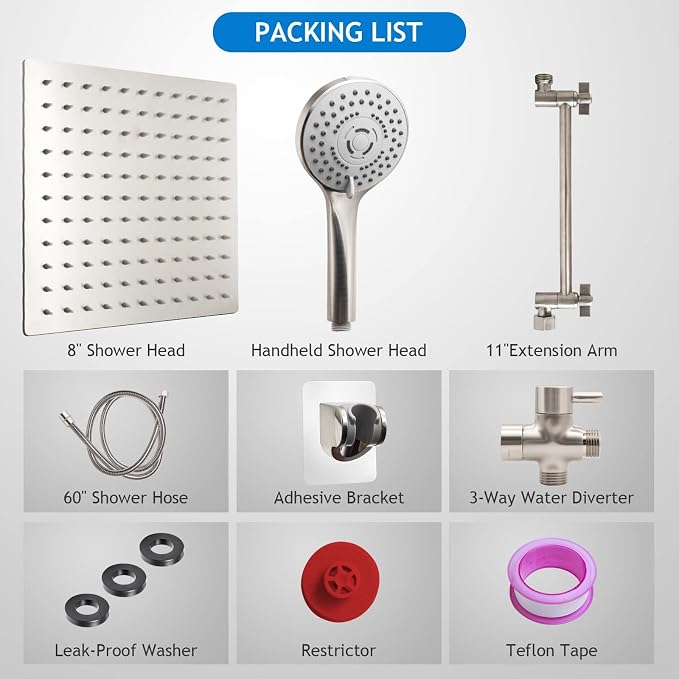 Shower Head Combo(Brushed Nickel),8 Inch High Pressure Rain Shower Head with 11 Inch Adjustable Extension Arm and 5 Settings Handheld Shower Head Combo,Powerful Shower Spray Against Low Pressure Water
