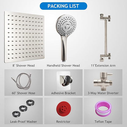 Shower Head Combo(Brushed Nickel),8 Inch High Pressure Rain Shower Head with 11 Inch Adjustable Extension Arm and 5 Settings Handheld Shower Head Combo,Powerful Shower Spray Against Low Pressure Water