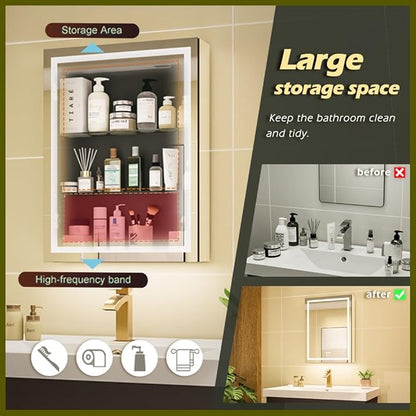LED Lighted Bathroom Medicine Mirror Cabinet with Sockets & USBs, Anti-Fog Dimmable Light and Color Adjustment, Easy to Install Aluminum Cabinet (20 * 28 Right Hinge)