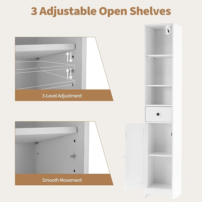 GarveeHome Tall Narrow Bathroom Cabinet, 66.9" Small Skinny Bathroom Storage Cabinet for Small Spaces | Freestanding Water Resistant Organizer for Bathroom, Kitchen, Hallway (3 Open Shelves, White)