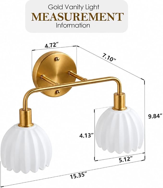 2-Light Gold Brass Bathroom Light Fixture,Wall Sconces,Brushed Gold Vanlity Light Over Mirror,Bathroom Vanity Light with White Glass Flower Shade,E26 Socket(Bulbs Not Included)