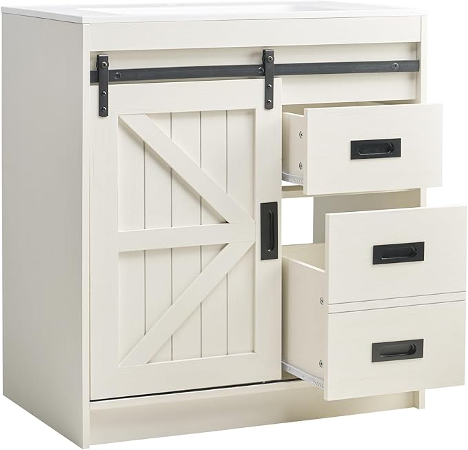 AMERLIFE Farmhouse Bathroom Vanity with Sink Combo, 31in Sliding Barn Door Bathroom Vanity Cabinet Set with Storage Drawers, Metal Handles, Small Single Bath Storage Vanity Sink, Antique White