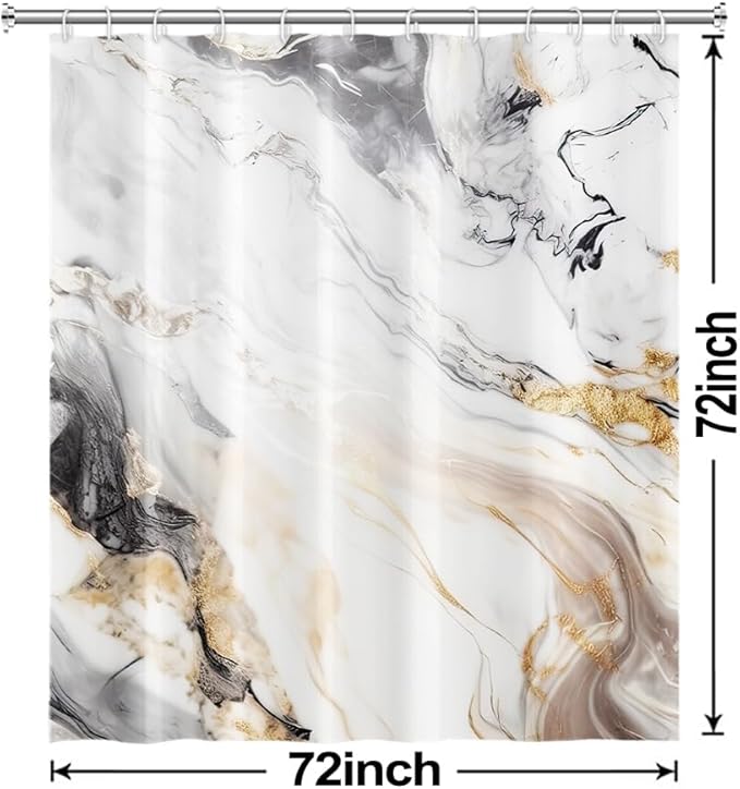 Grey and White Shower Curtain, Modern Grey Marble Shower Curtain for Bathroom Aesthetic Waterproof Shower Curtain Set with Hooks, 72x72 Inch