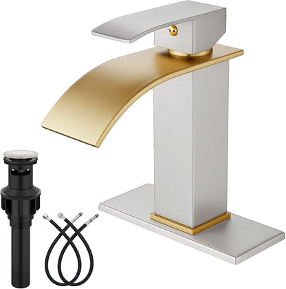 Midanya Bathroom Faucet with Waterfall Spout, Single Hole or 3-Hole Deck Mount, 304 Stainless Steel Sink Faucet with Pop-Up Drain, RV Vanity Compatible,Brushed Gold Spout/Brushed Nickel