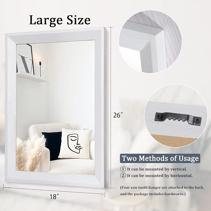 AAZZKANG Rectangular Wall Mirror Decorative Wood Framed Mirrors Large 26"x18" for Farmhouse Bedroom Bathroom Living Room Entryway Hanging Home Decor