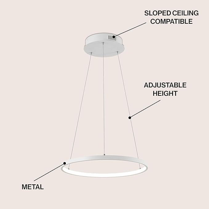 JONATHAN Y 15.75" Matte White Modern Integrated LED Pendant Light, Dimmable Round Hoop Chandelier for Kitchen Island, Dining Room, Adjustable Height Metal Hanging Light (JYL7202I)