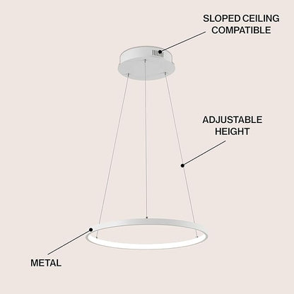 JONATHAN Y 15.75" Matte White Modern Integrated LED Pendant Light, Dimmable Round Hoop Chandelier for Kitchen Island, Dining Room, Adjustable Height Metal Hanging Light (JYL7202I)