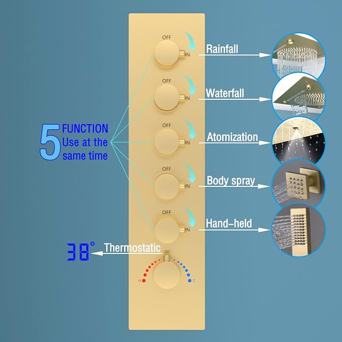 Enga Thermostatic Shower System with Body Jets, 20-Inch LED Rainfall Mist Waterfall Luxury Multi Function Rain Shower Faucet Set, All Functions Can Operate Simultaneously, Brushed Gold