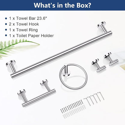 TQKAG 5 Piece Towel Racks for Bathroom, 23.6" Bathroom Hardware Set Chrome | Bathroom Hardware Set, SUS304 Stainless Steel, Double Post Pivoting, Towel Hooks, Toilet Paper Holder Set Wall Mounted