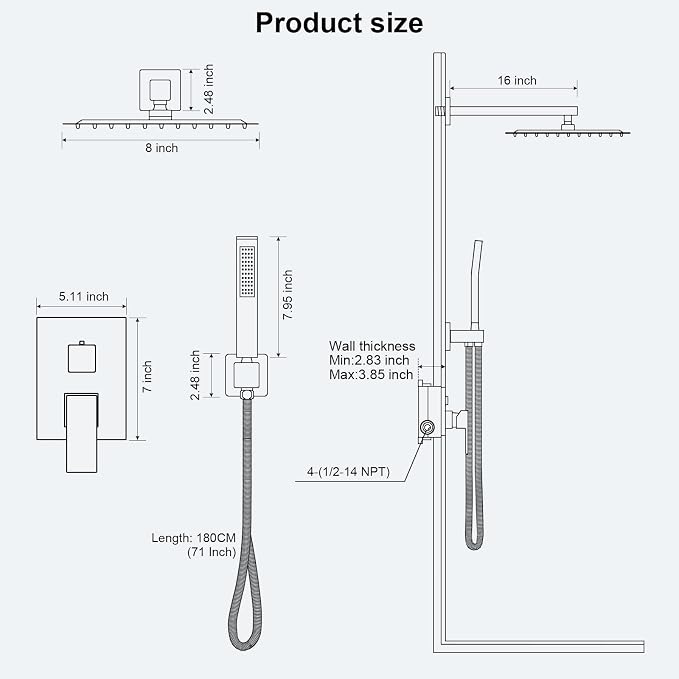 FPXRNG Shower Faucet Set Rainfall Shower System with Square Shower Head and Handle Set Rough-in Valve and Metal Trim Kit Included Matte Black 8 Inch Wall Mounted Shower Fixtures