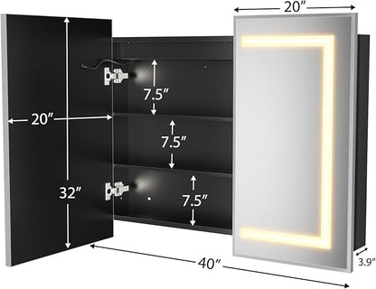 ROOMTEC Lighted Medicine Cabinet with Mirror 40"x32", Wall Mounted Bathroom Mirror with Storage, 2 Doors Bathroom Wall Cabinet with LED Lights,Silver