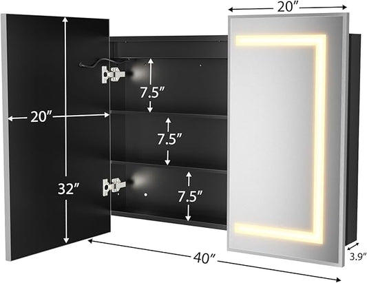 ROOMTEC Lighted Medicine Cabinet with Mirror 40"x32", Wall Mounted Bathroom Mirror with Storage, 2 Doors Bathroom Wall Cabinet with LED Lights,Silver