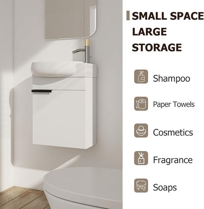 Henf 17 Inch Wall Mounted Bathroom Vanity Sink Combo for Small Space,Modern White Vanities Set with Ceramic Sink Top,Hanging Garage Vanity w/Sink, Floating Small Bathroom Cabinet Compact