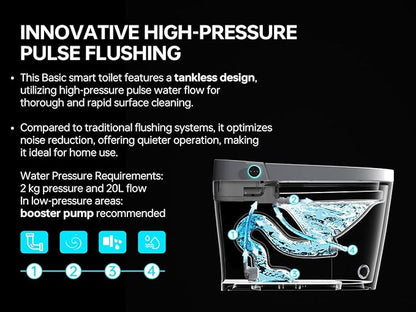 MEJE #A5 - Basic Smart Function Toilet with Built-in Heated Seat, Elongated Tankless Toilet with Auto Flushing, Foot Kick Flushing, Adjustable Seat Temperature, Flush Remote Control, Night Light