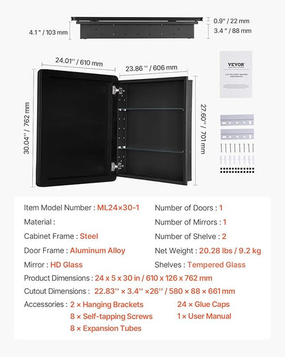 VEVOR Medicine Cabinet, 24 x 30 inch, Medicine Cabinet for Bathroom with Mirror, Aluminum Frame Bathroom Wall Cabinet, 2-Layer Adjustable Shelves, Recessed & Wall-Mounted Installation