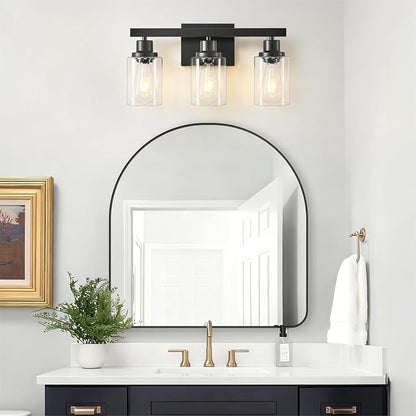 3-Light Bathroom Light Fixtures, Black Bathroom Vanity Light with Clear Glass Shade, Modern Bathroom Wall Lights Over Mirror, Farmhouse Wall Sconces Lighting for Bedroom LivingRoom