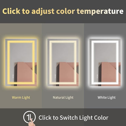 48x32 Inch LED Bathroom Mirror with Lights | Front and Backlit, 3 Colors, Dimmable, Memory, Anti Fog, Shatterproof, Horizontal/Vertical, Lighted Mirrors for Bathroom Wall