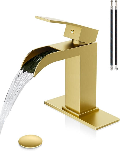 Midanya Waterfall Bathroom Faucet, Single Handle Bathroom Sink Faucet for Sink 1 or 4 Inch 3 Hole, Stainless Steel Vanity Faucets with Deck Plate and Pop up Drain,Brushed Gold