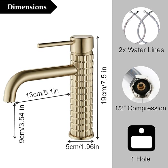 Brushed Gold Bathroom Sink Mixer Tap - Single Lever Brass Basin Faucet, One Hole Water Tap for Modern Bathroom Design, Stylish & Durable
