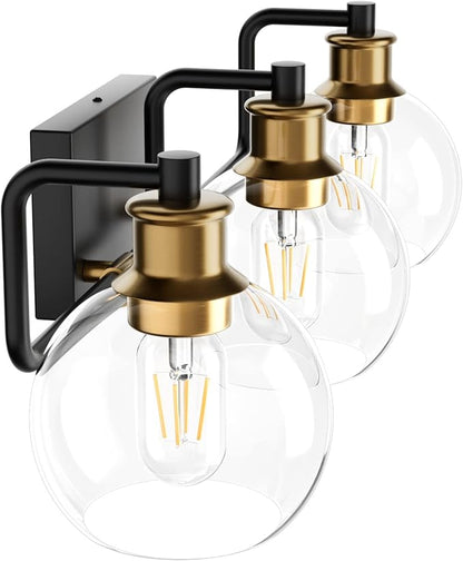 Tipace Black & Gold Vintage Bathroom Vanity Light Fixtures Over Mirror Glass Globe 3 Lights Industrial Vanity Lights Farmhouse Bath Lighting(Exclude Bulb)
