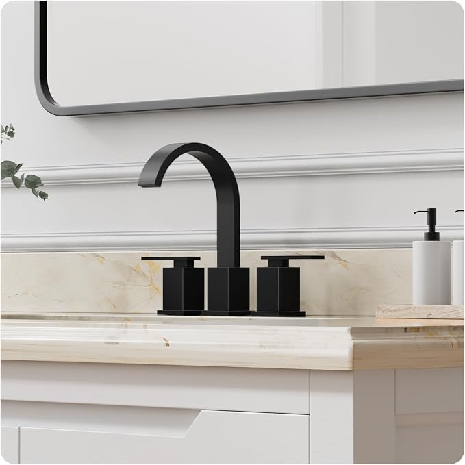 8 Inch Widespread Waterfall Matte Black Bathroom Faucet,3 Hole Vanity Faucet with Pop Up Drain and Water Supply Line, WF011-MB