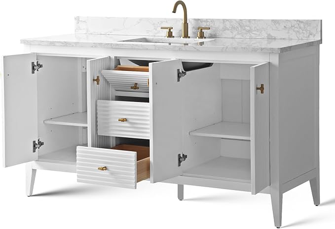 Vanity Art 60 inch Bathroom Vanity with Single Sink & Ceramic Top, Vanity Cabinet with Soft-Closing Door, Solid Wood Frame, Linear Pattern, White, VA9160-SW-MB,Matte Black Handles