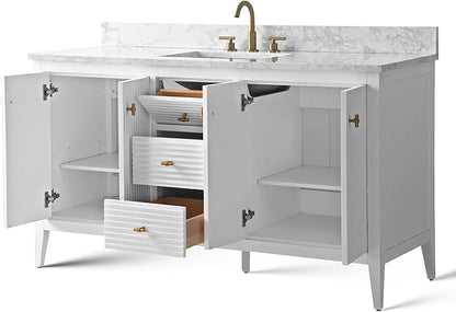 Vanity Art 60 inch Bathroom Vanity with Single Sink & Ceramic Top, Vanity Cabinet with Soft-Closing Door, Solid Wood Frame, Linear Pattern, White, VA9160-SW-MB,Matte Black Handles