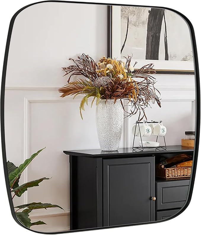 24x24 Black Bathroom Mirror, Oblong Vanity Mirror with Stainless Steel Metal Frame, Matte Black Mirror for Over Sink, Modern Anti Rust Wall Mounted
