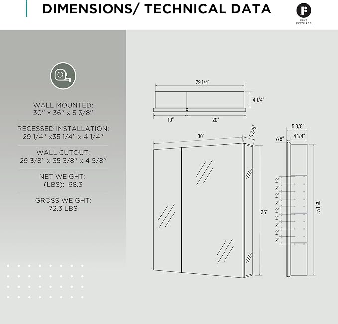 Bathroom Medicine Cabinet, Aluminum, Recessed/Surface Mount, 30" x 36", Right/Left Hinged, Mirrored Interior