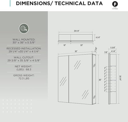 Bathroom Medicine Cabinet, Aluminum, Recessed/Surface Mount, 30" x 36", Right/Left Hinged, Mirrored Interior