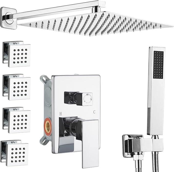 Shower Faucet Set with Body Jets 10 Inch Polished Chrome Shower Head Handheld Shower Combo Set High Pressure Wall Mount with Rough-in Valve, Polished Chrome