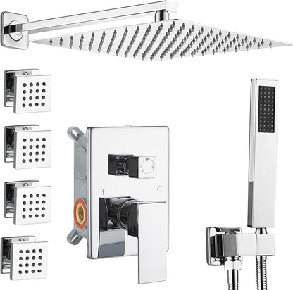 Shower Faucet Set with Body Jets 10 Inch Polished Chrome Shower Head Handheld Shower Combo Set High Pressure Wall Mount with Rough-in Valve, Polished Chrome