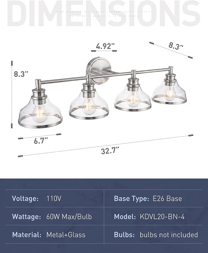 kudos 4-Light Brushed Nickel Vanity Light, Clear Glass Shade | 33" bathroom light fixtures over mirror, upward or downward, E26 base, bulbs not included, Hardwired, KDVL20-BN-4