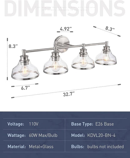 kudos 4-Light Brushed Nickel Vanity Light, Clear Glass Shade | 33" bathroom light fixtures over mirror, upward or downward, E26 base, bulbs not included, Hardwired, KDVL20-BN-4