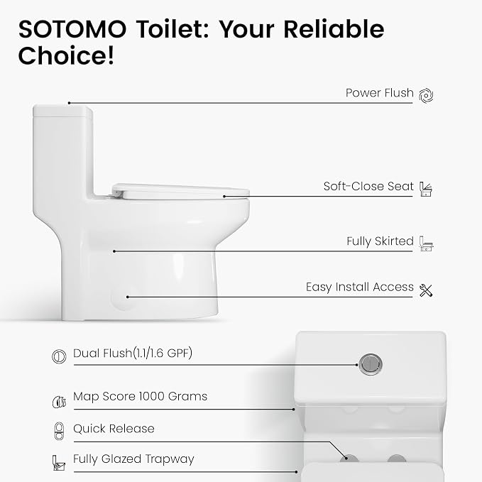 SOTOMO Elongated One Piece Toilet, 12" Rough-In, Compact Design for Bathrooms, 1.1/1.6 GPF Dual Flush toilet, MAP 1000g, Soft-Closing Seat, White Toilet Bowl - 27.75"D x 15.4"W x 27.13"H