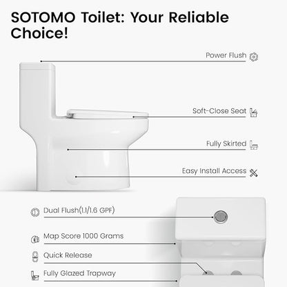 SOTOMO Elongated One Piece Toilet, 12" Rough-In, Compact Design for Bathrooms, 1.1/1.6 GPF Dual Flush toilet, MAP 1000g, Soft-Closing Seat, White Toilet Bowl - 27.75"D x 15.4"W x 27.13"H