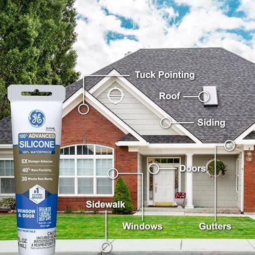 GE Advanced Silicone Caulk for Window & Door, White, 2.8 fl oz Tube - 100% Waterproof Silicone Sealant, 5X Stronger Adhesion, Freeze & Sun Proof,(Pack of 2)