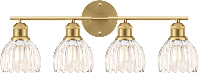 Bathroom Light Fixtures, 4-Light Brushed Gold Vanity Lights for Bathroom with Clear Tulip Glass Shade, 26" Vintage Bathroom Vanity Lighting Fixtures Over Mirror for Bedroom Living Room Hallway