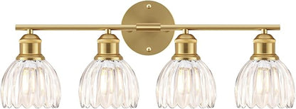 Bathroom Light Fixtures, 4-Light Brushed Gold Vanity Lights for Bathroom with Clear Tulip Glass Shade, 26" Vintage Bathroom Vanity Lighting Fixtures Over Mirror for Bedroom Living Room Hallway