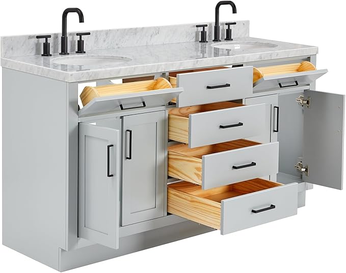 ARIEL Hepburn 66-inch Bathroom Vanity with Sink,Solid Wood, 1.5-inch Italian Carrara Marble Countertop & Backsplash, Double Oval Porcelain Sink, 4 Soft Closing Doors, 6 Dovetail Drawers, Grey