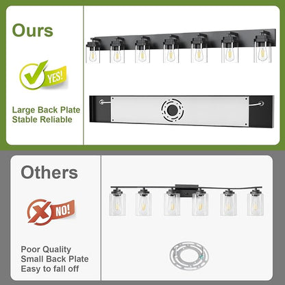Black Bathroom Light Fixtures, 7 Lights Bathroom Lighting Fixtures Over Mirror, Square Design & Rectangle Large Backplate, Modern Vanity Lighting Fixtures, for Bathroom/Living Room/Bedroom