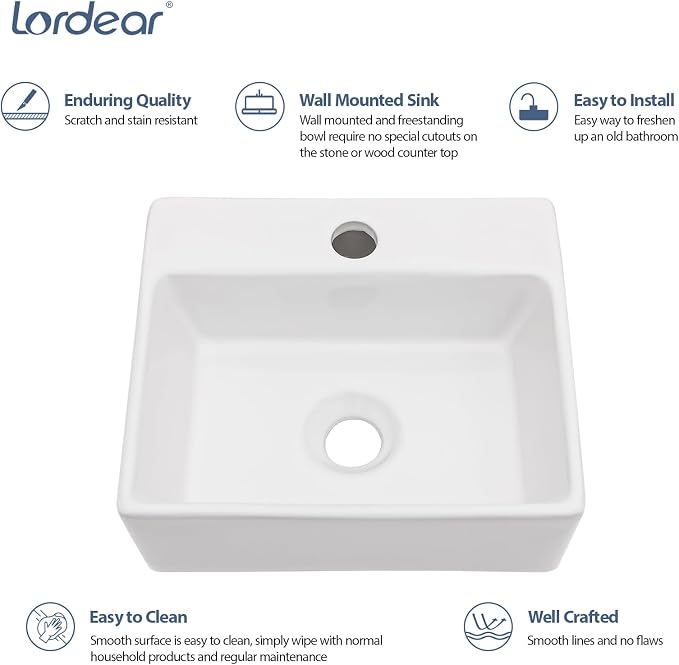 Lordear 13.6"x11.6" Floating Wall Mounted Bathroom Sink White Ceramic Glossy White Small Tiny Room Cloakroom Sinks, 13.6X11.6x4.85 Inch