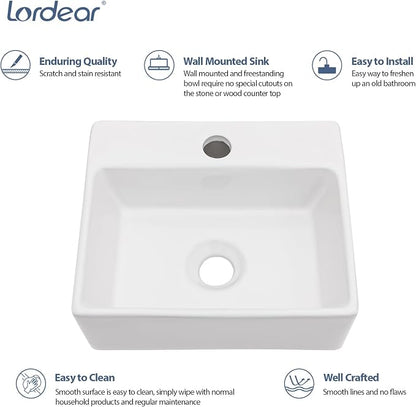 Lordear 13.6"x11.6" Floating Wall Mounted Bathroom Sink White Ceramic Glossy White Small Tiny Room Cloakroom Sinks, 13.6X11.6x4.85 Inch