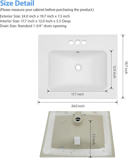 Lordear White Bathroom Sink 3 Holes Drop In 24 X 20 Inch Three Holes Porcelain Ceramic Bathroom Vanity Top Sink Basin 24"