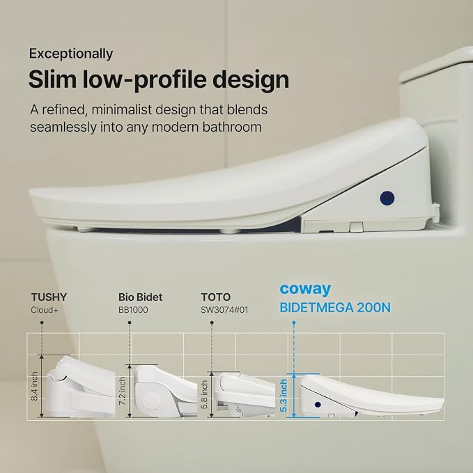 COWAY Bidetmega 200N *Elongated* Electronic Bidet Toilet Seat with Instantaneous Water Heating, Heated Seat and Dryer, Soft Close Lid, Stainless Nozzle, Night Light, Self Cleaning, Remote Control